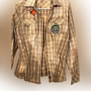 Distressed camping shirt with patches Shacket